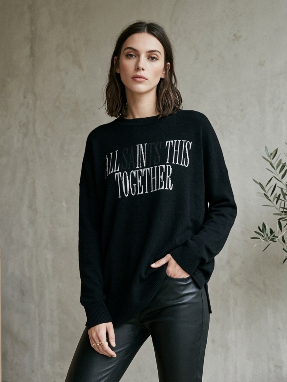 ALL SAINTS SWEATER CASHMERE BLACK ASYMMETRICAL GRAPHIC XS NWT